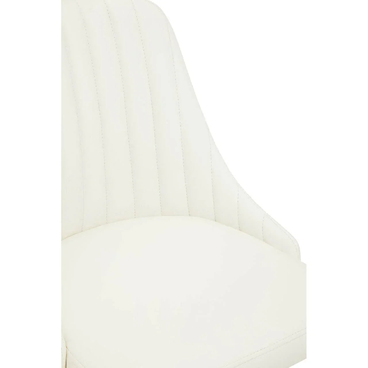 Closeup of cream upholstered dining chair with vertical stitched detail on backrest