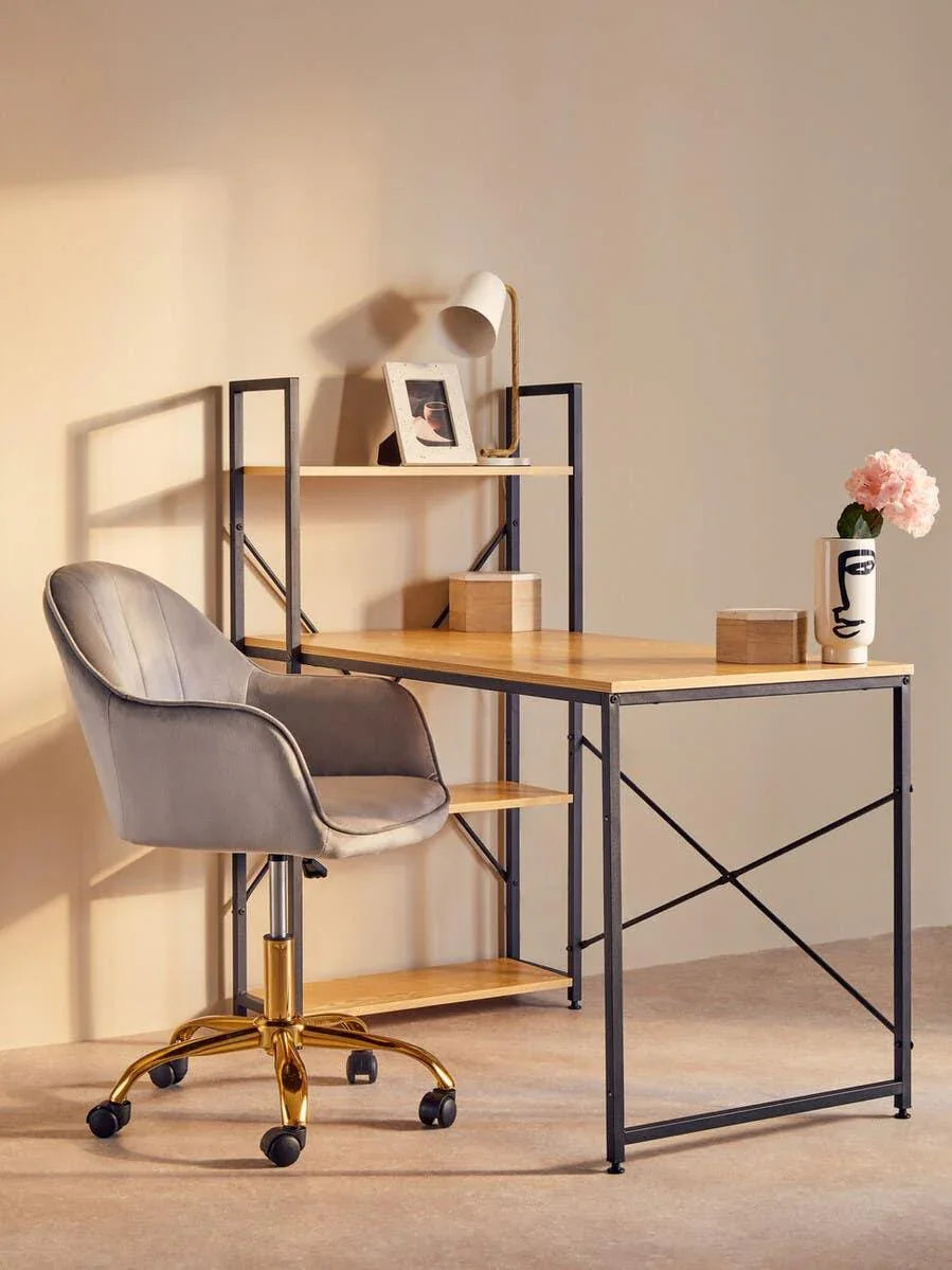 Wood and metal office desk with shelving and grey swivel chair in a modern workspace