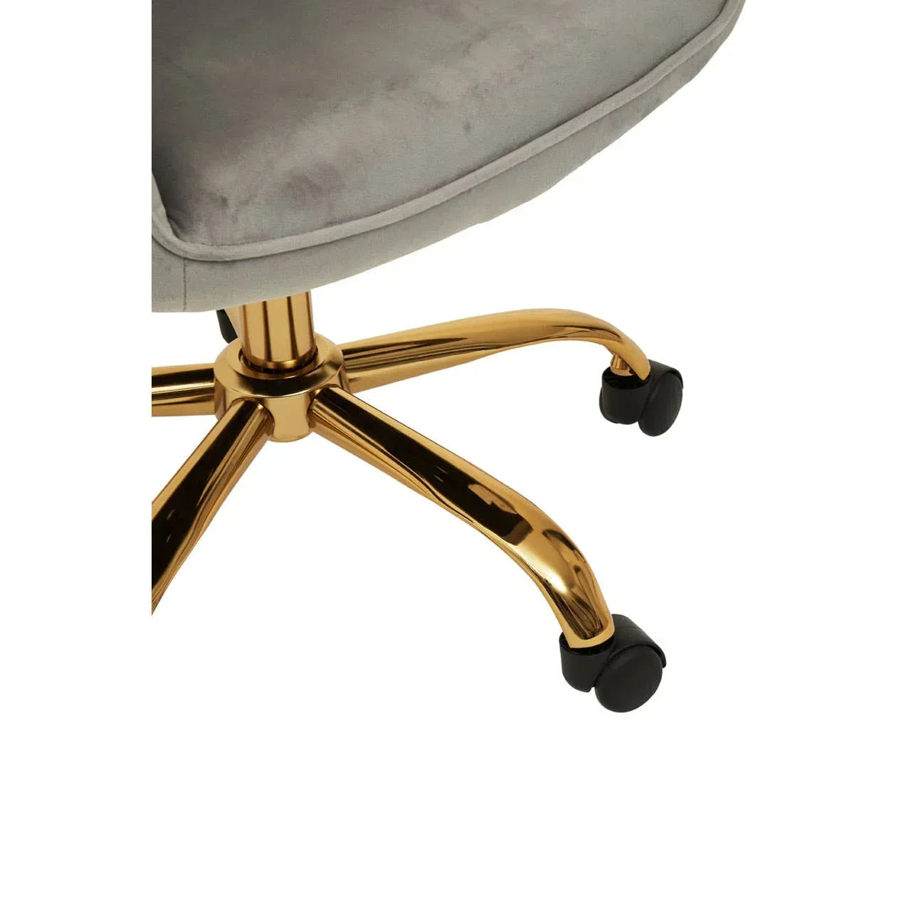 Gold metal office chair base with grey upholstered seat and black caster wheels