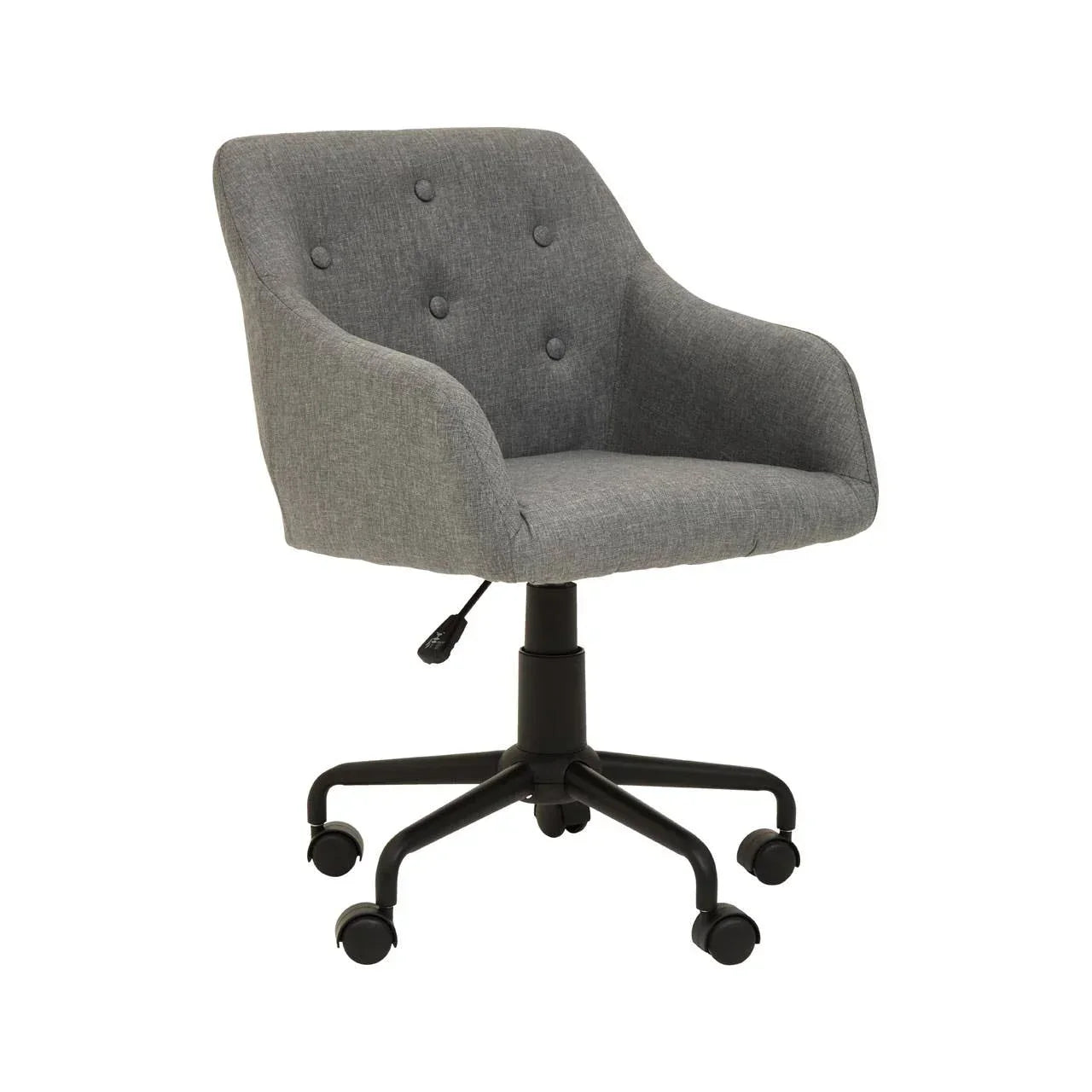 Grey fabric office chair with button backrest and black swivel base on castor wheels