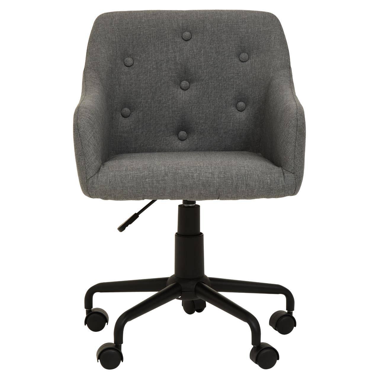 Grey fabric office chair with tufted backrest and black swivel base on casters