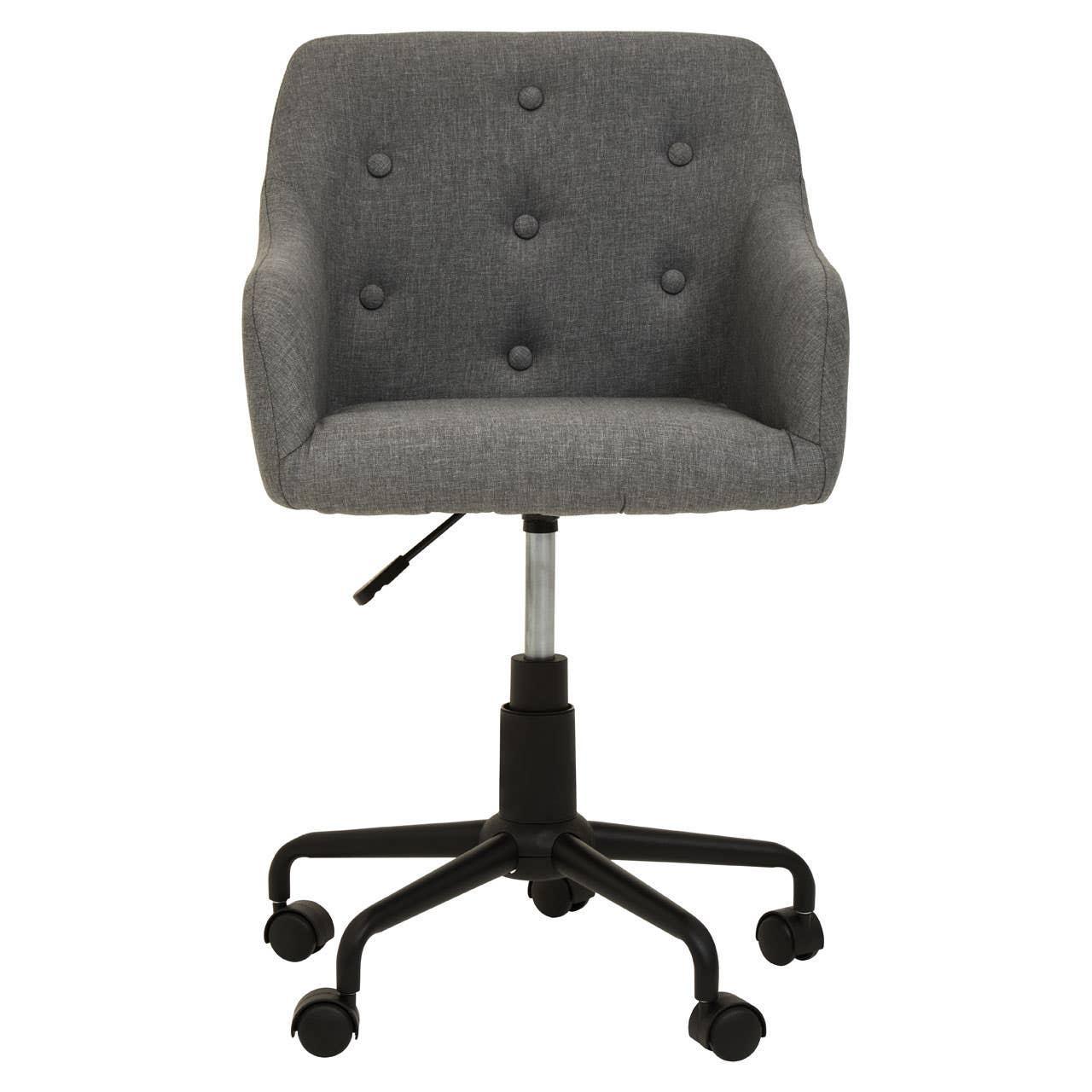 Grey fabric office chair with button-tufted backrest and black wheeled base, front view