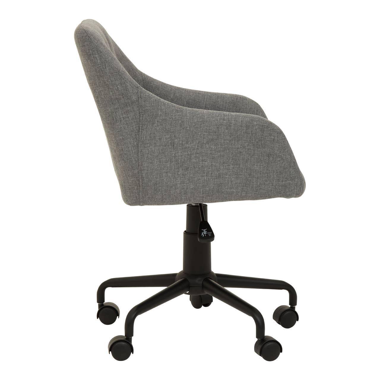 Grey fabric office chair with armrests and black metal swivel base, side view