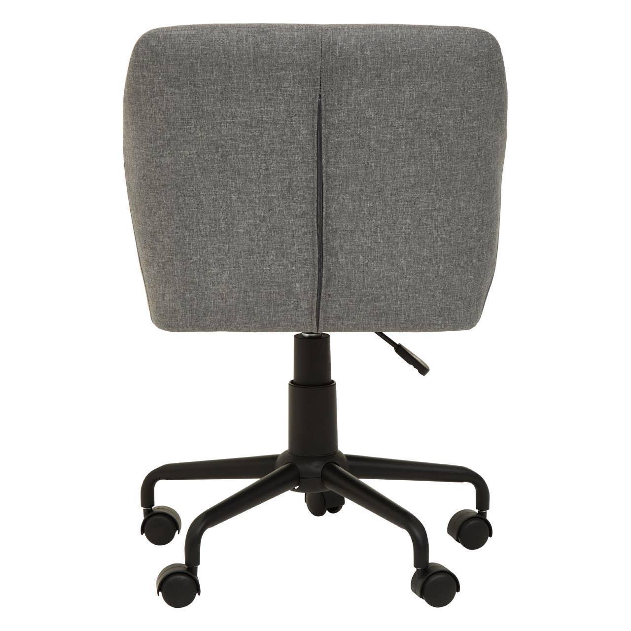 Back view of grey fabric office chair with black swivel base and caster wheels