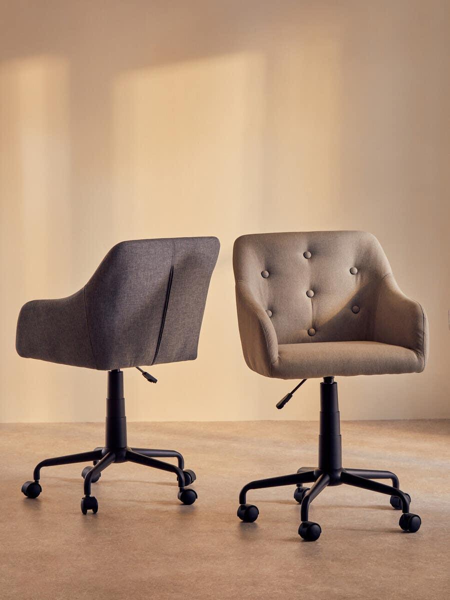 Pair of fabric swivel office chairs with button-tufted back and black wheeled bases