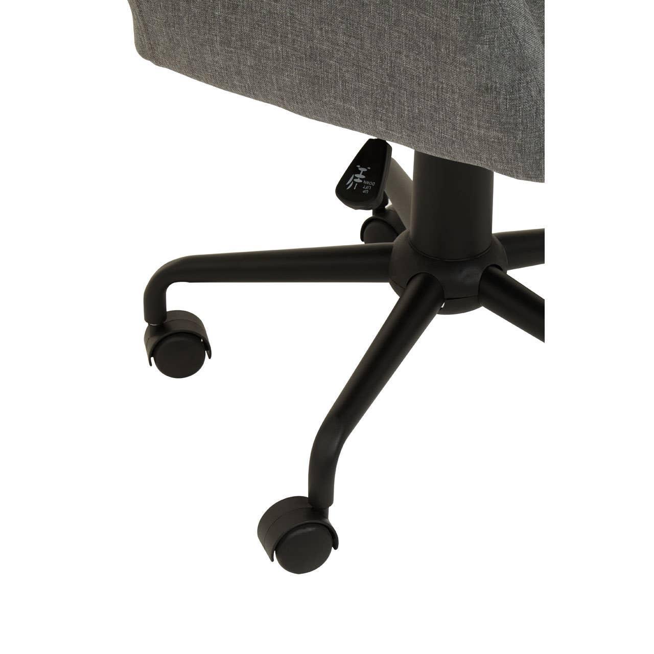 Black office chair base with five wheels and grey fabric seat corner