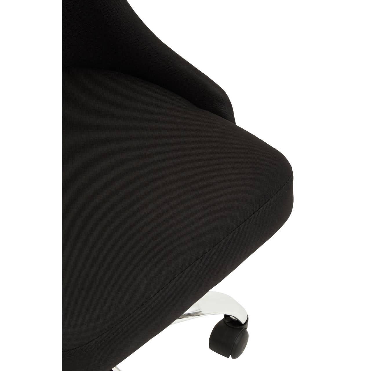 Black fabric office chair seat with chrome leg and casters close-up