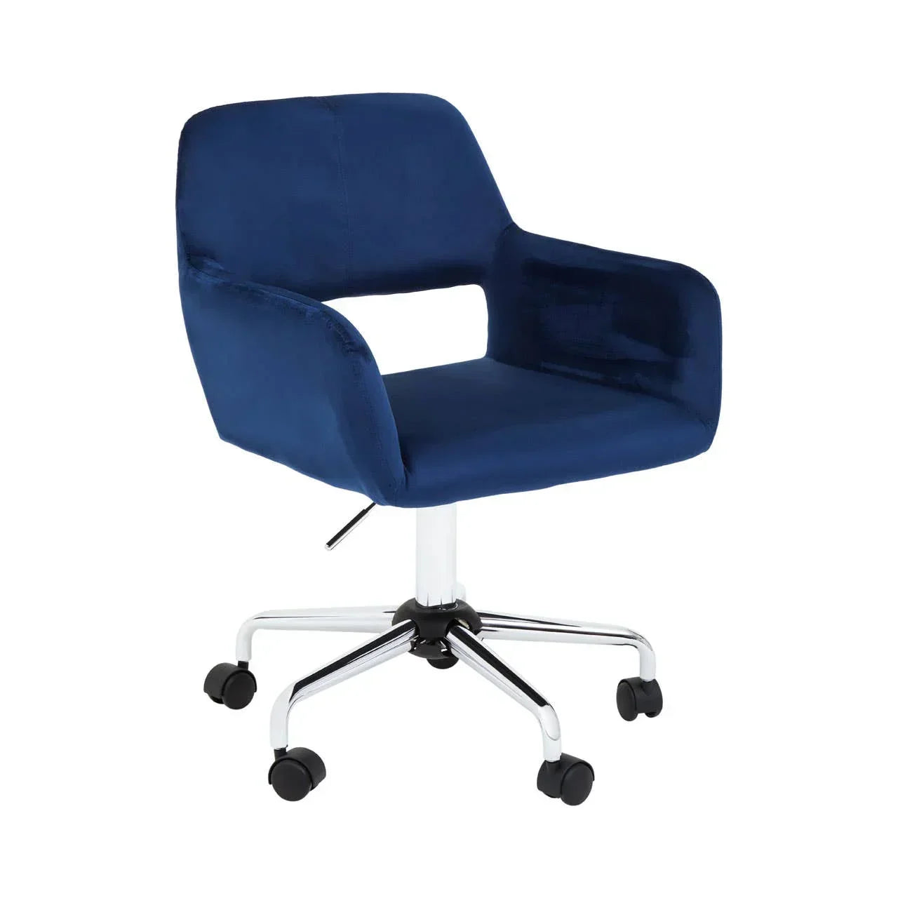 Blue velvet office chair with chrome base and caster wheels, side armrests, modern style