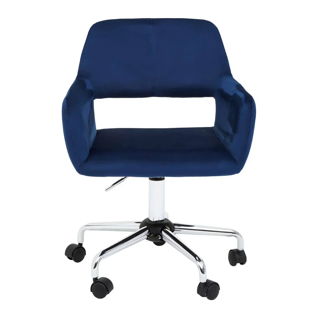 Blue velvet office chair with chrome swivel base and casters, front view