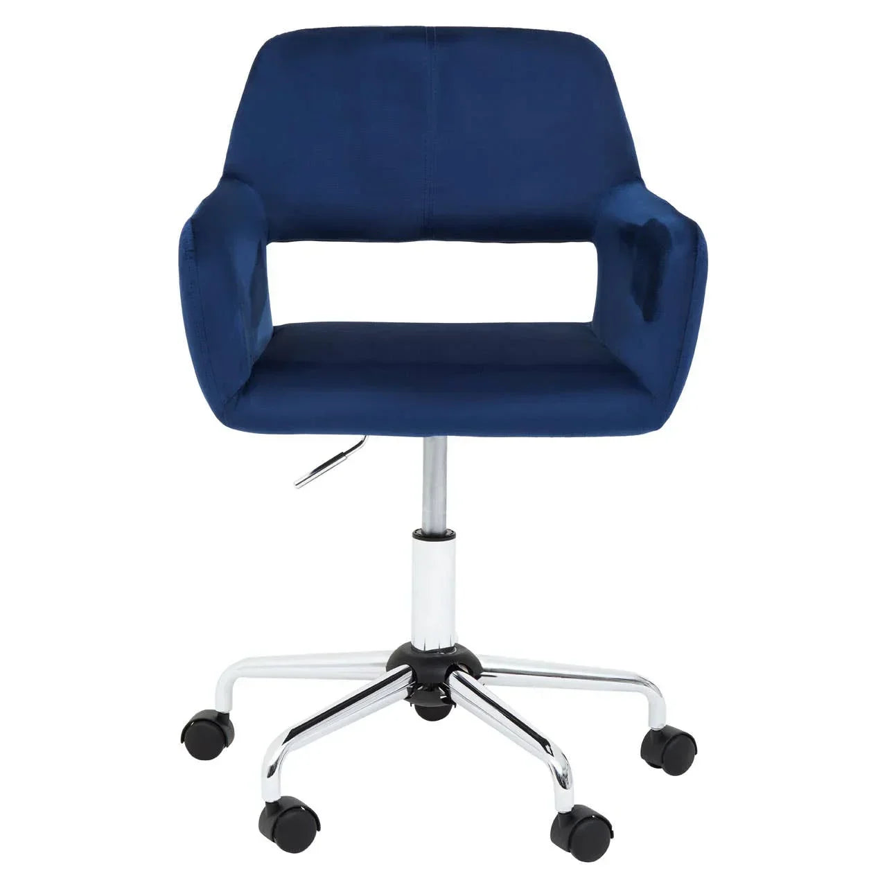 Navy blue velvet office chair with cut-out back and chrome swivel base on casters