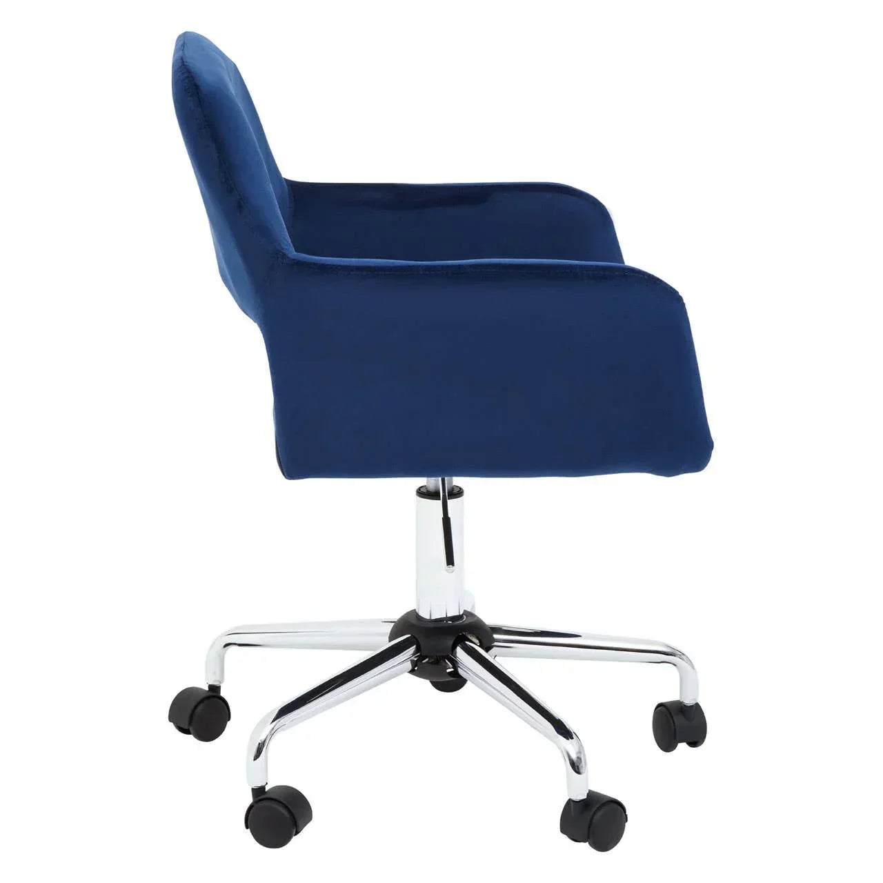 Blue velvet office chair with chrome base and wheels, side view