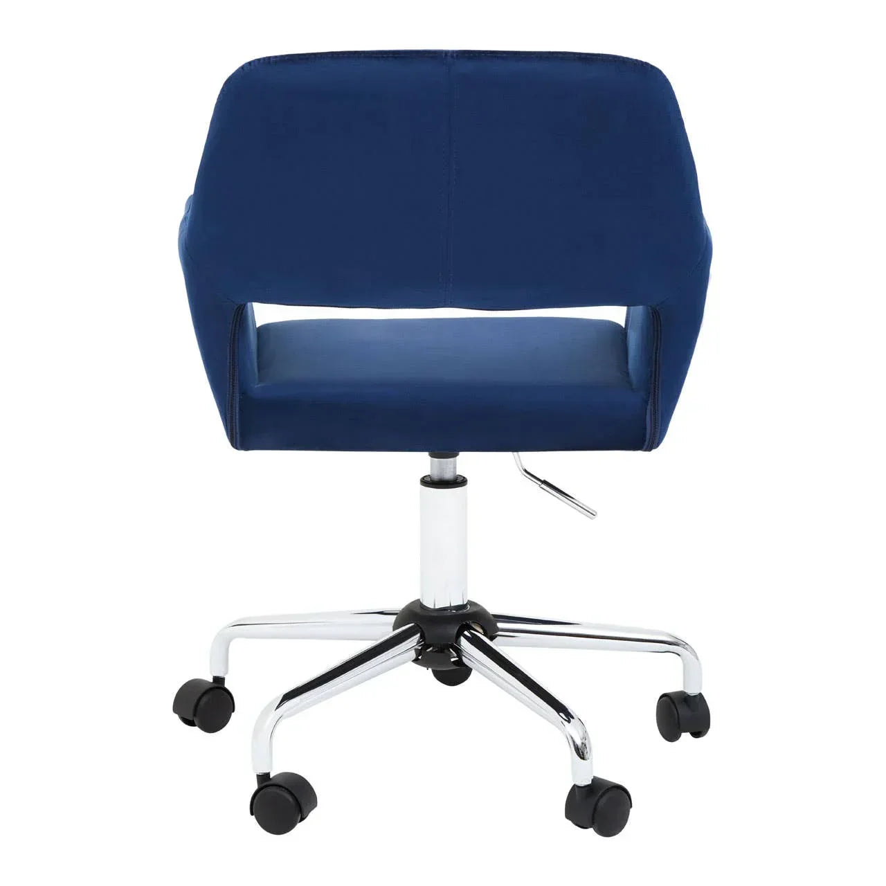 Blue velvet office chair with chrome base and casters, rear view