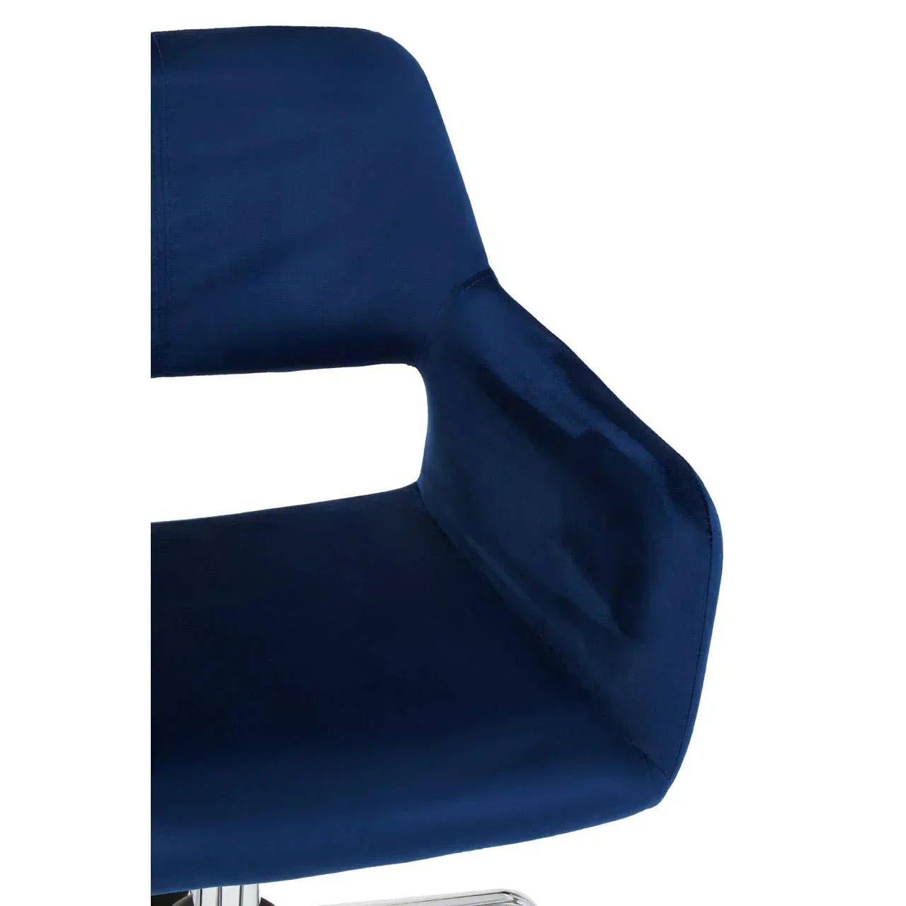 Close-up of blue velvet dining chair with open back and chrome base