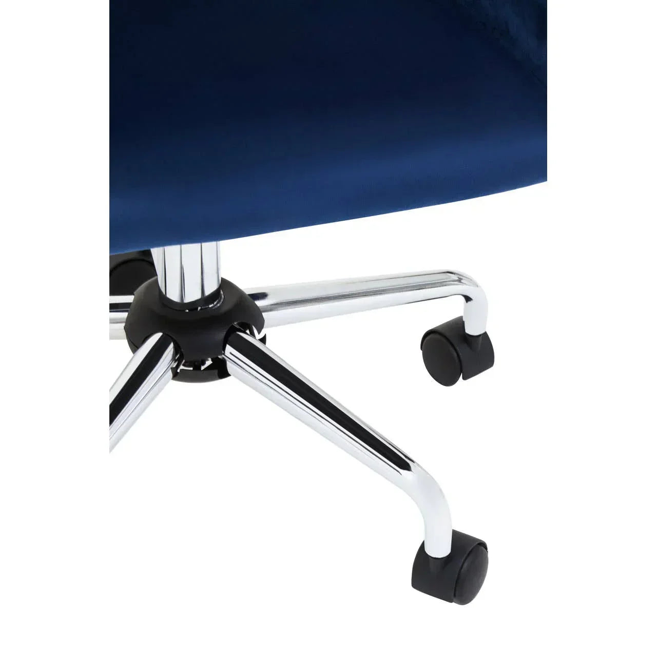 Blue office chair with chrome base and smooth rolling castor wheels