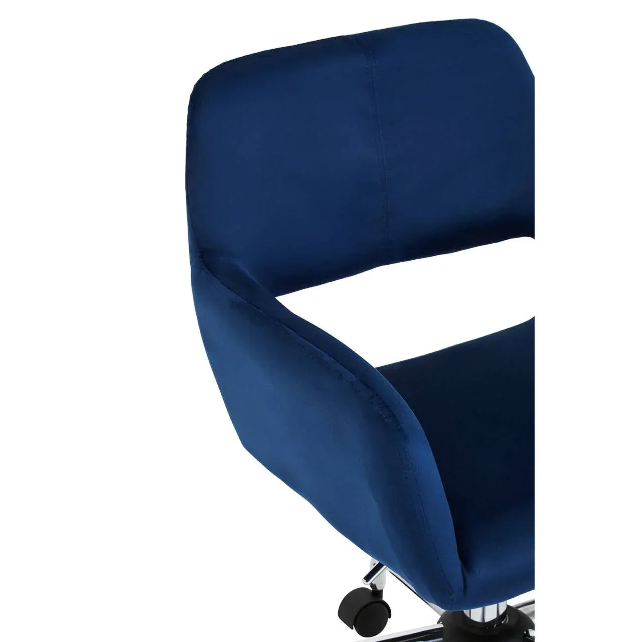 Navy blue velvet office chair with armrests and chrome base on wheels, side angle view