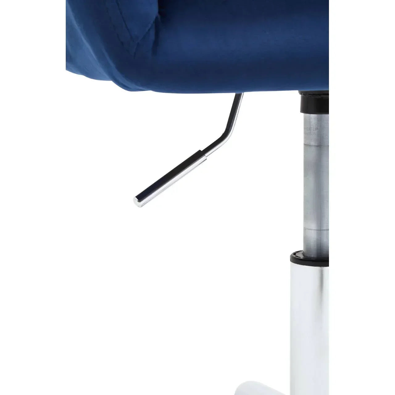 Chrome chair gas lift lever with navy blue seat upholstery close-up