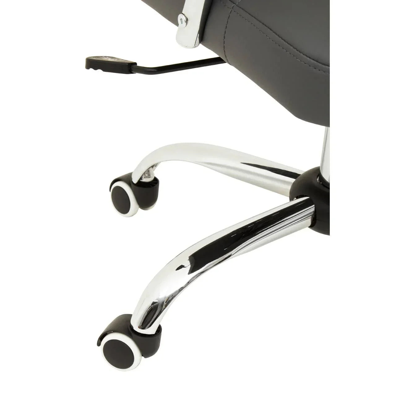Chrome office chair base with grey upholstery and black swivel casters
