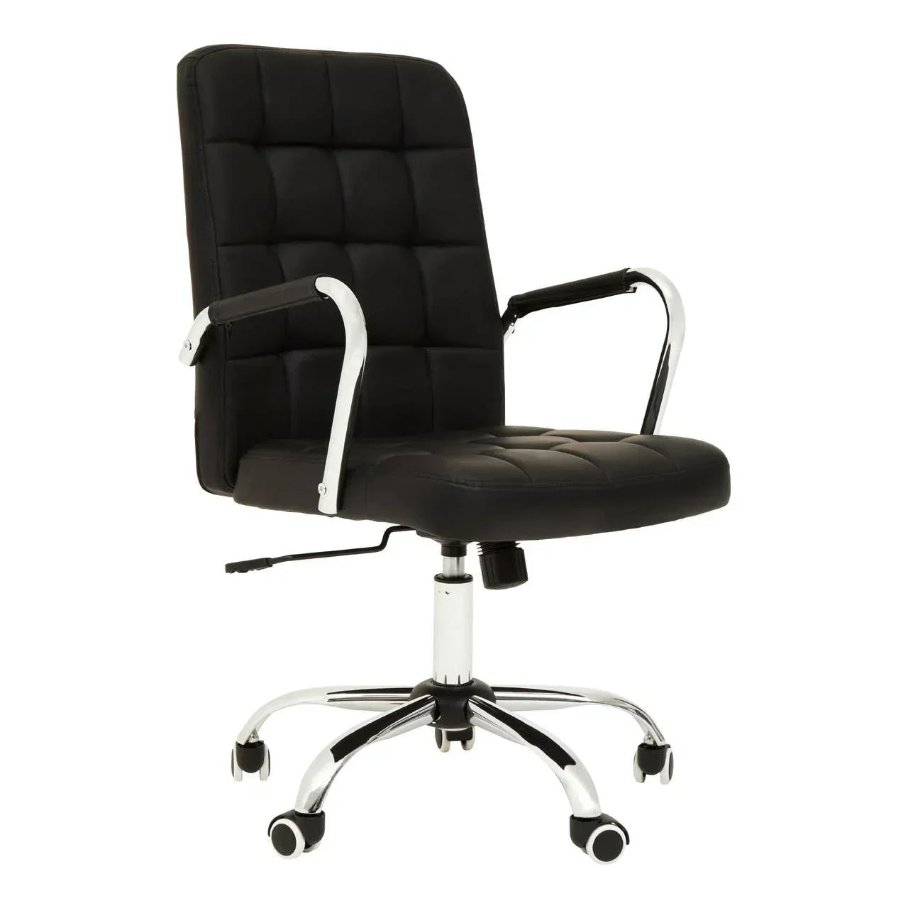 Black office chair with chrome armrests and wheels, featuring a padded seat and backrest