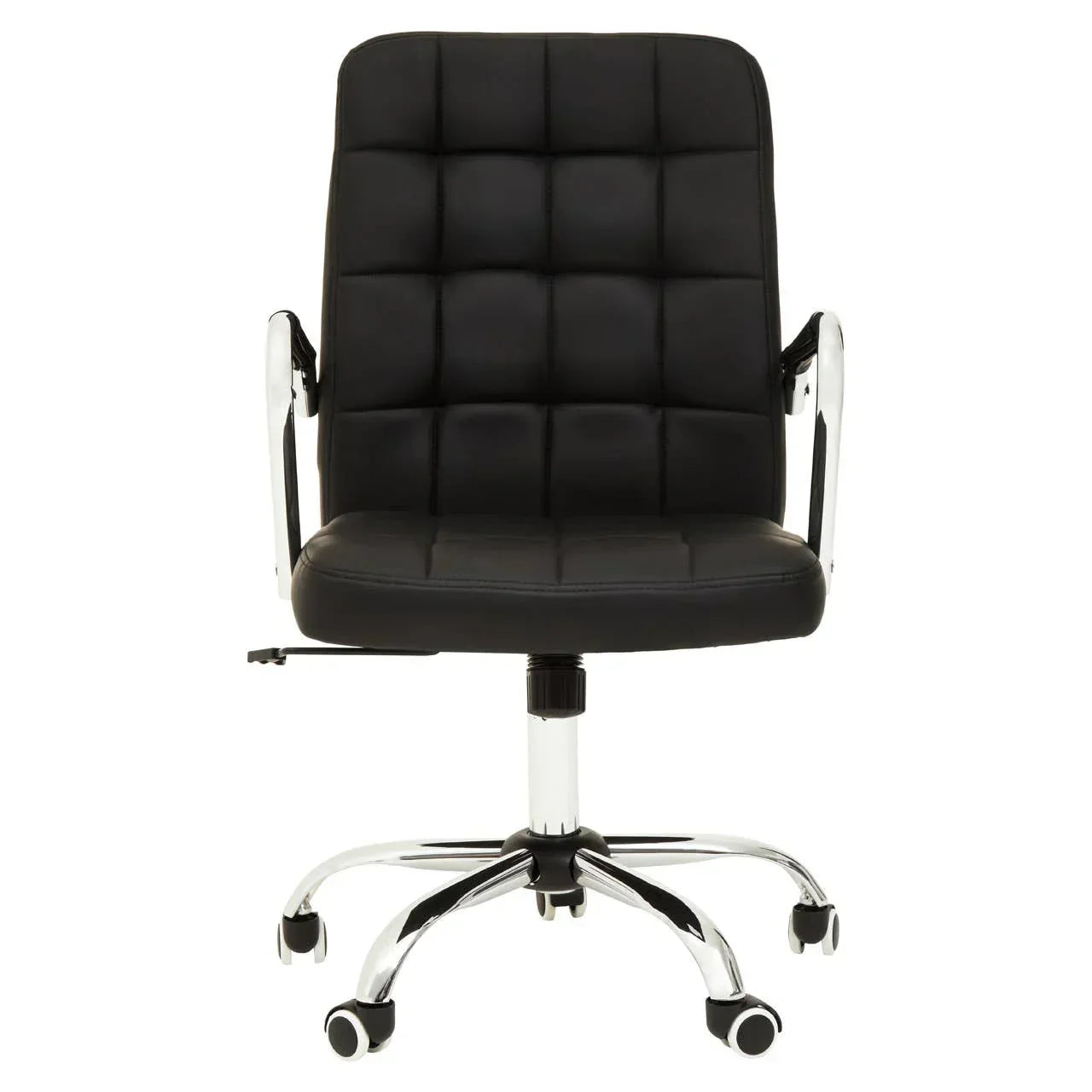 Black office chair with padded seat, chrome armrests, and swivel base on castor wheels