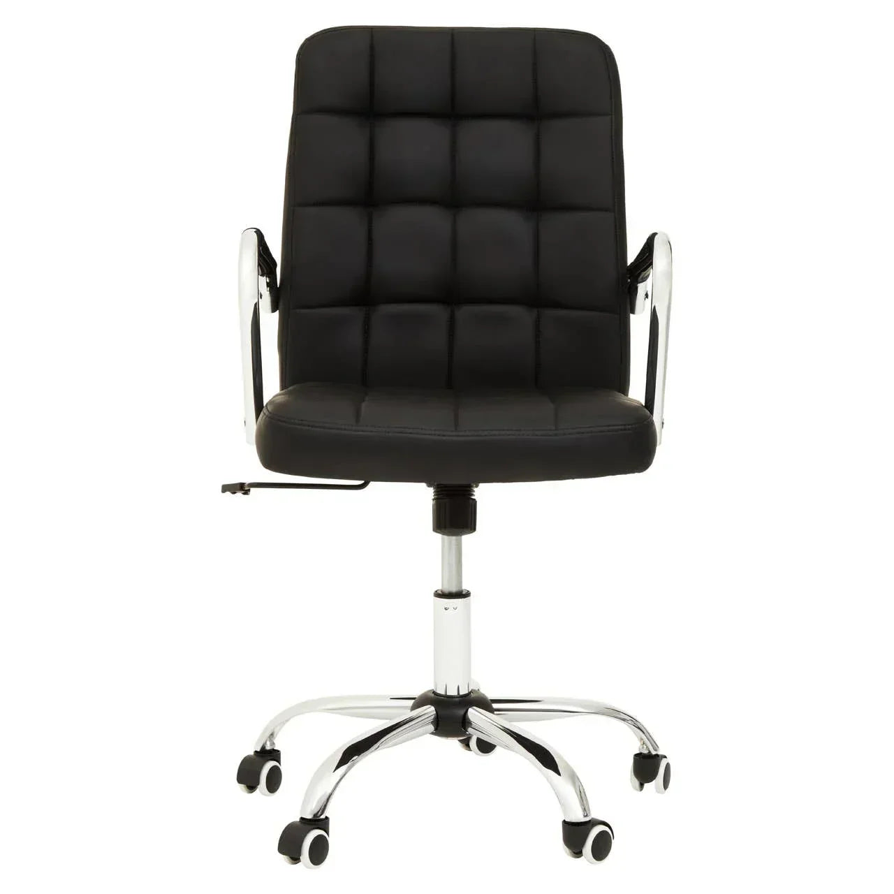 Black office chair with cushioned seat, chrome arms, and wheeled base, front view