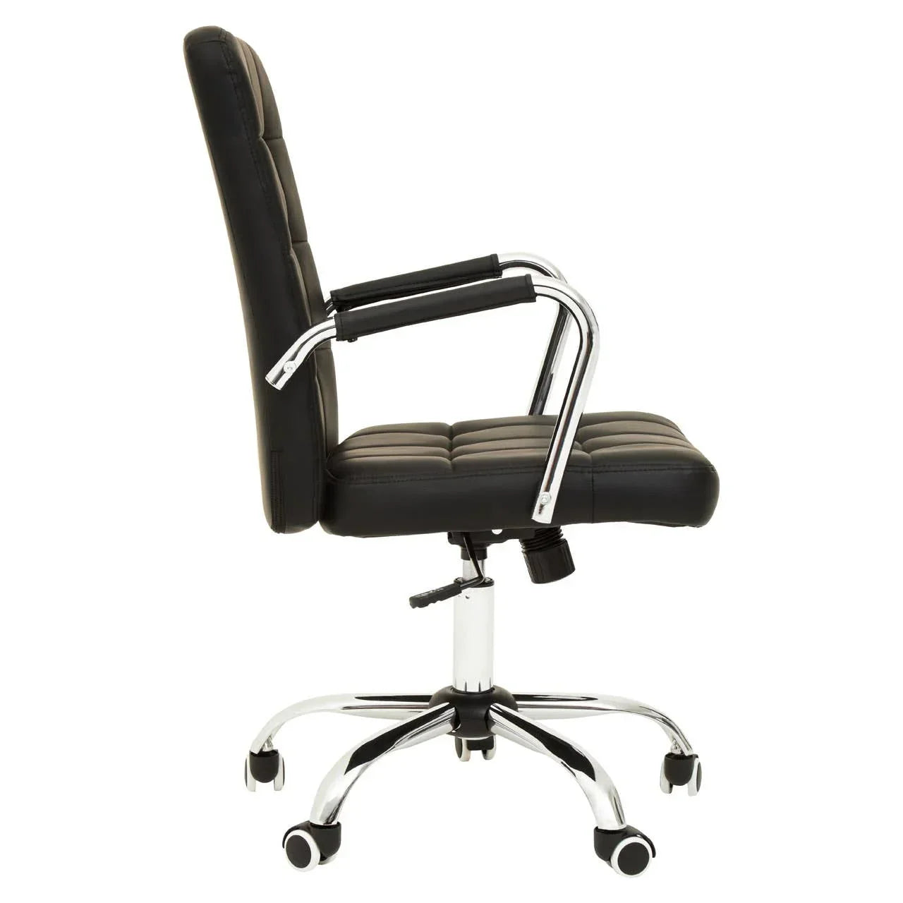 Black leather office chair with chrome legs and padded armrests, side profile view