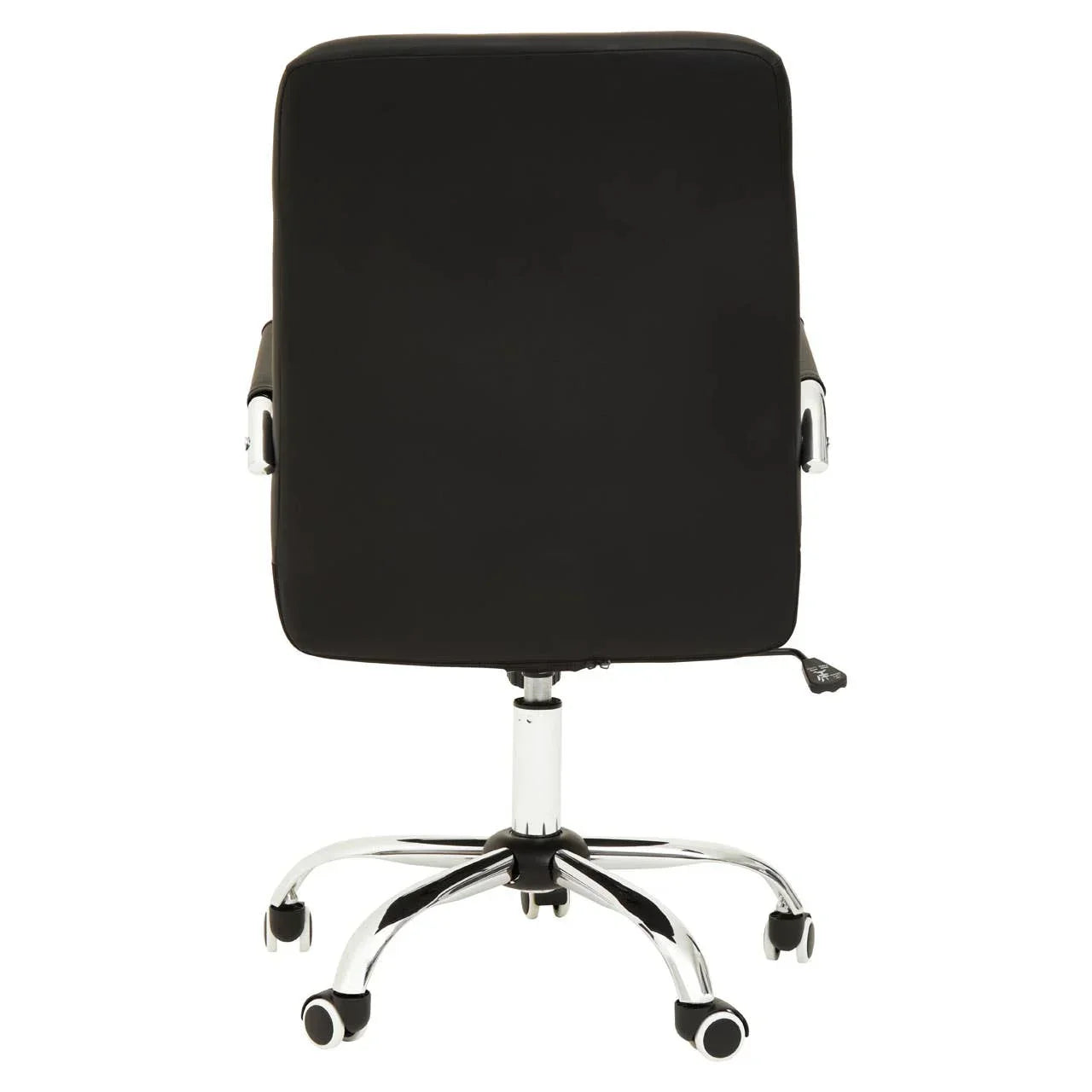 Black office chair with chrome base and casters, rear view showing adjustable lever