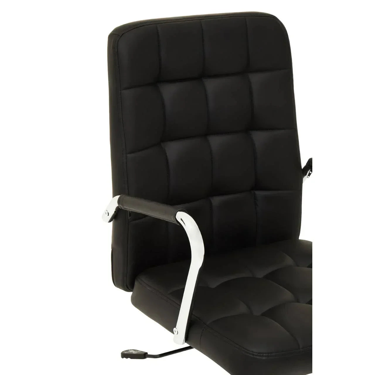 Black leather office chair with chrome armrest and padded seat, side view