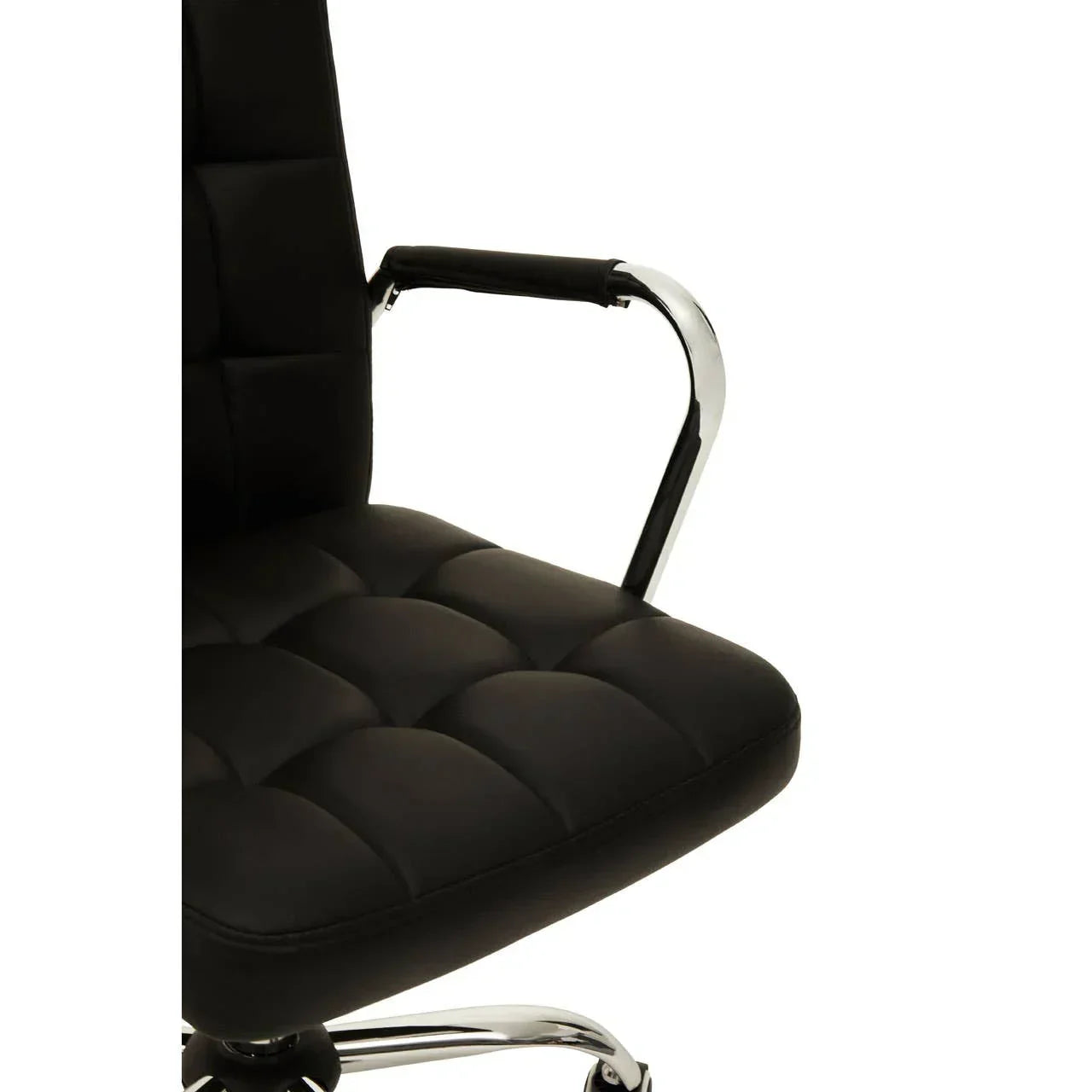 Black office chair with padded seat and chrome armrest closeup