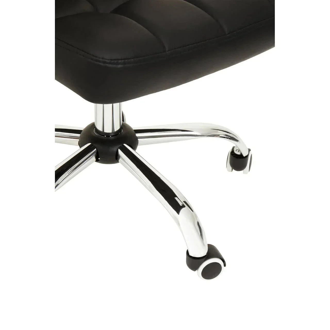 Black office chair seat with chrome legs and twin wheel castors close-up