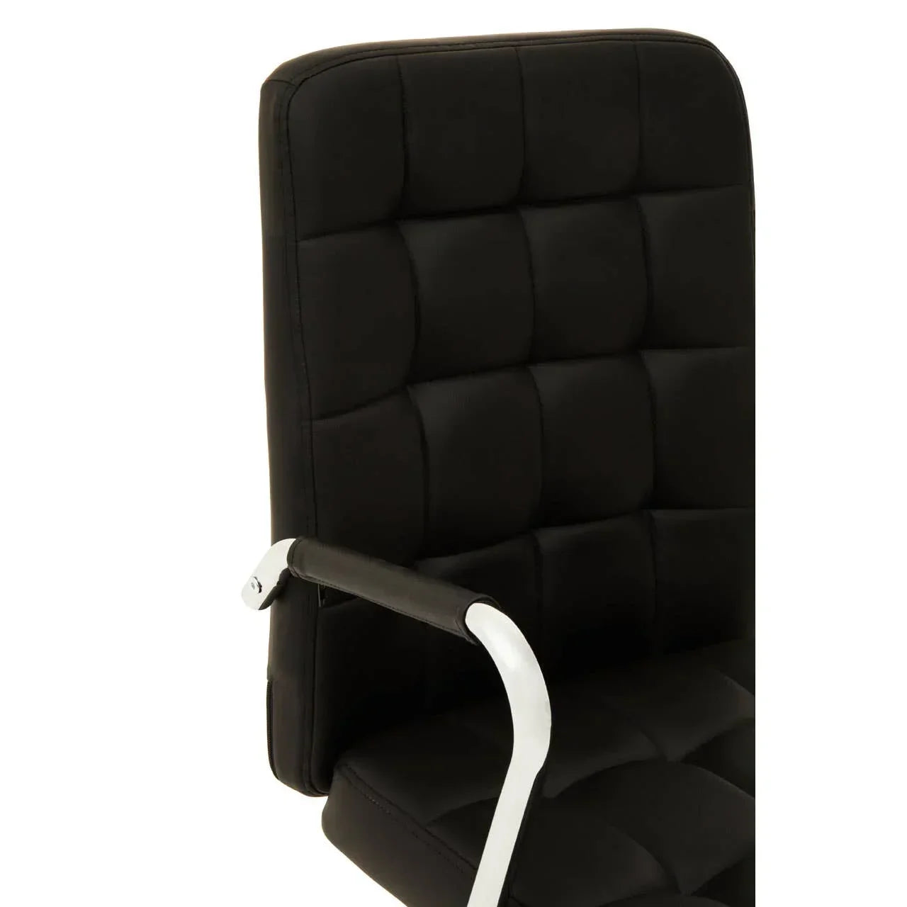 Black padded office chair with metal armrest and stitched seat detail, angled side view