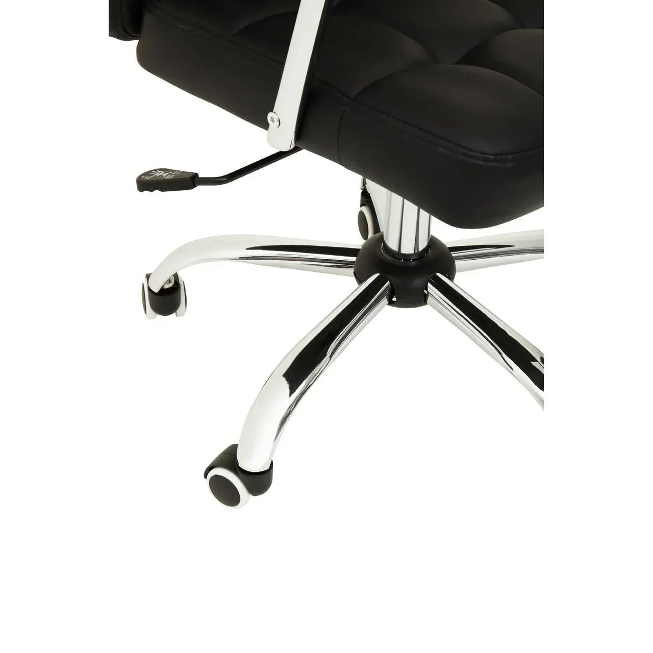 Black office chair with chrome base and castor wheels, close up of seat adjustment lever