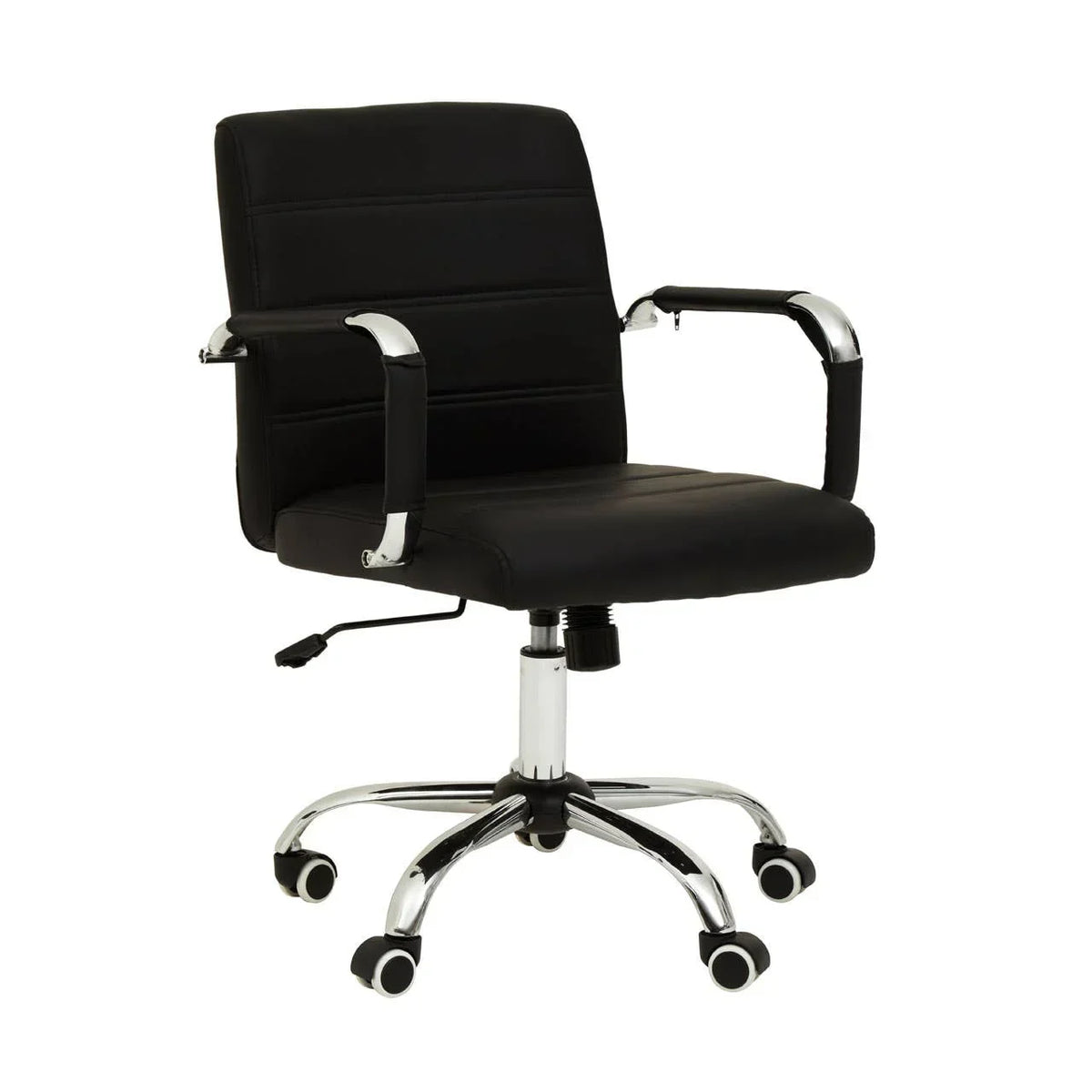 Black leather office chair with chrome arms and base on castor wheels