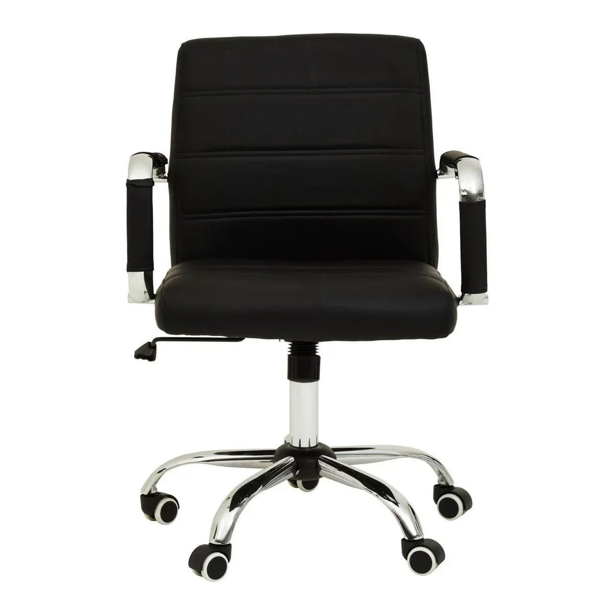 Black office chair with chrome frame and caster wheels, front view