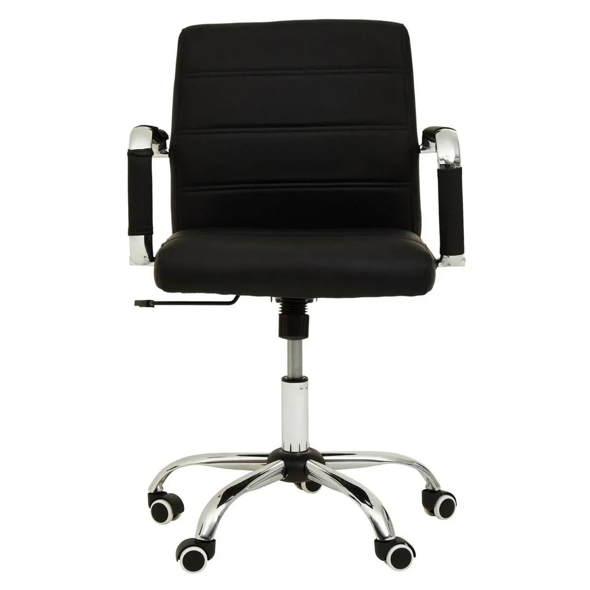 Black office chair with padded seat, chrome armrests and five caster wheels, front view