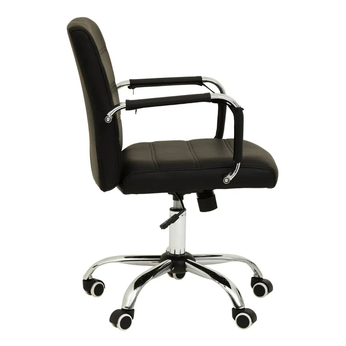 Black office chair with padded seat, chrome frame and armrests, side profile view