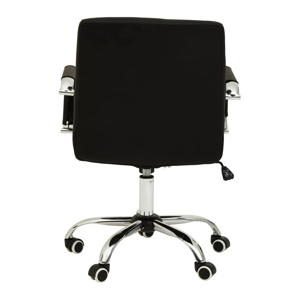 Black office chair with chrome base and casters, rear view showing backrest and armrests