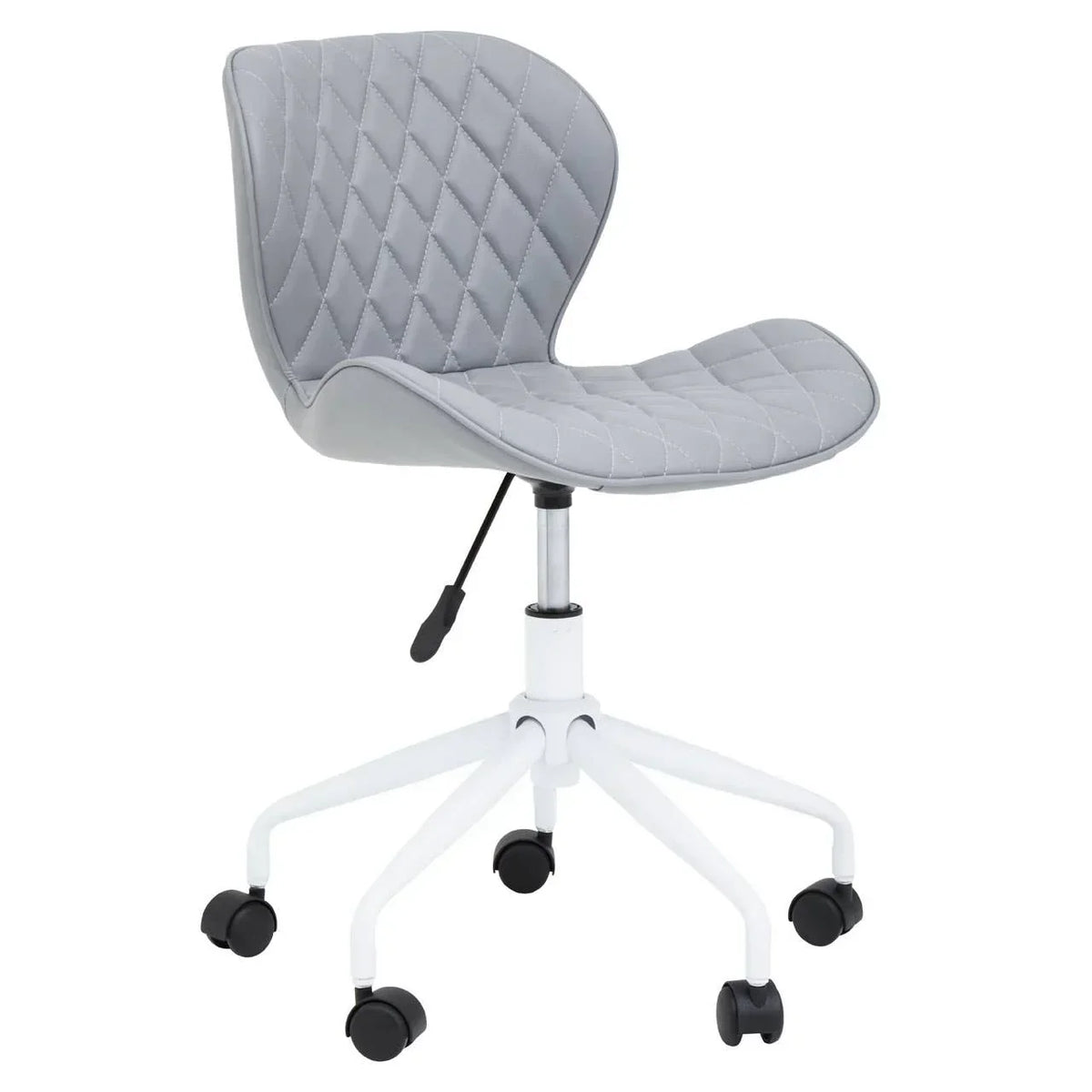 Grey office chair with diamond stitched seat, white metal base and black caster wheels