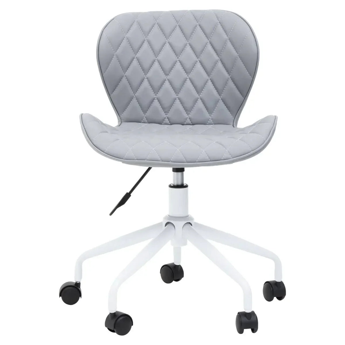 Grey quilted office chair with white base and wheels, adjustable seat