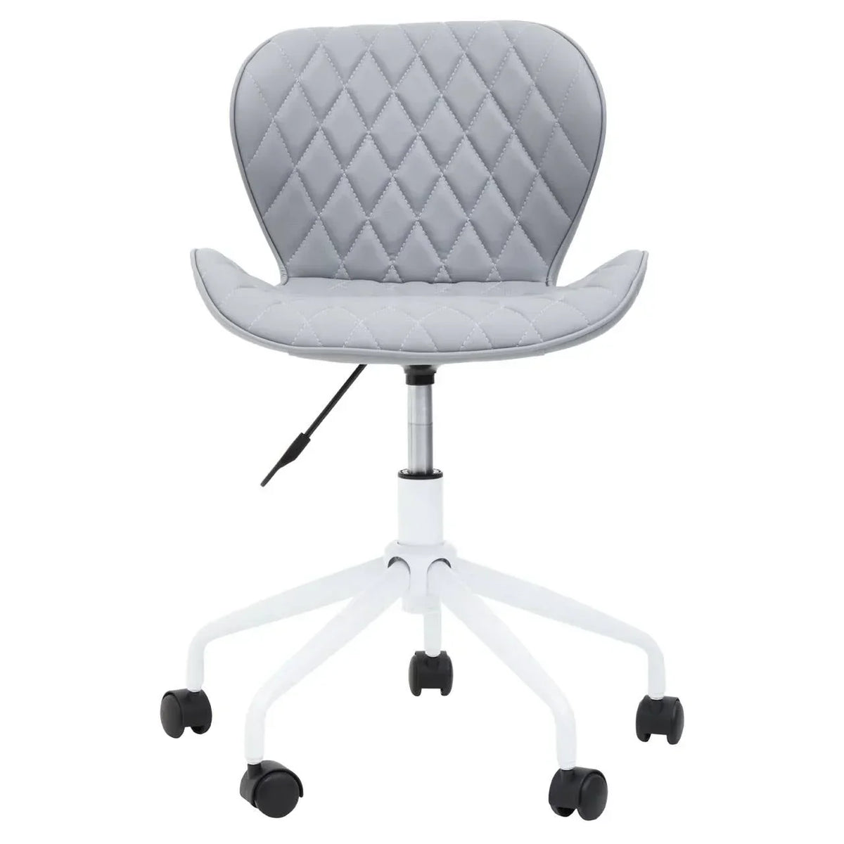 Grey office chair with diamond stitching, white swivel base and castor wheels