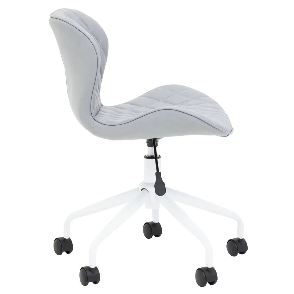 Grey office chair with white base, diamond-stitched seat, side view on caster wheels