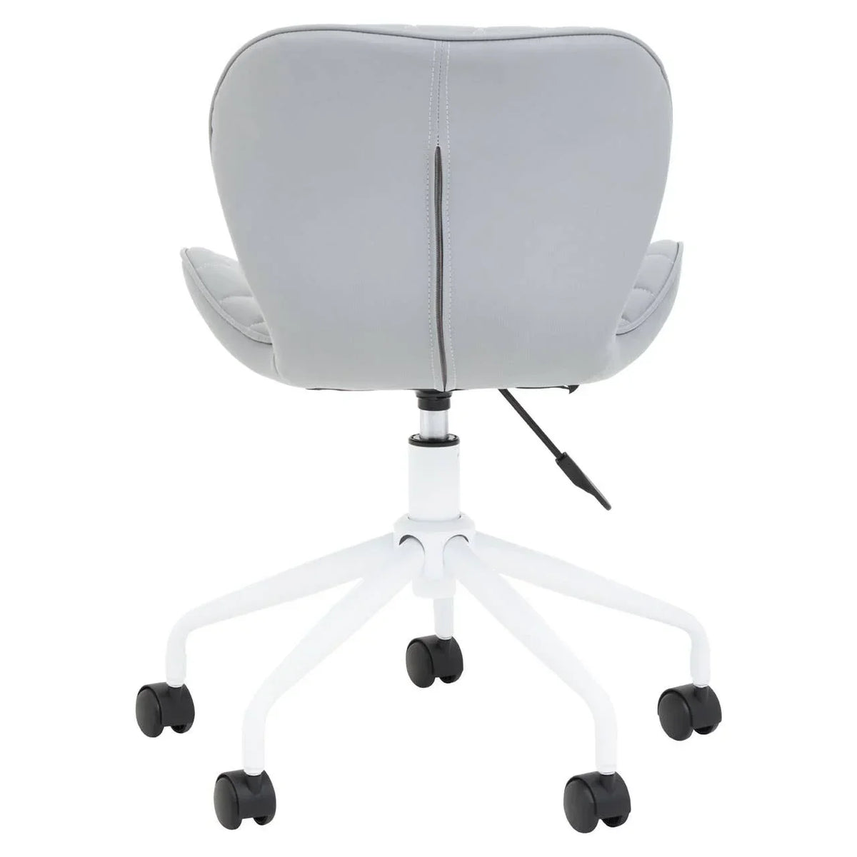 Grey office chair with adjustable height and white swivel base, rear view