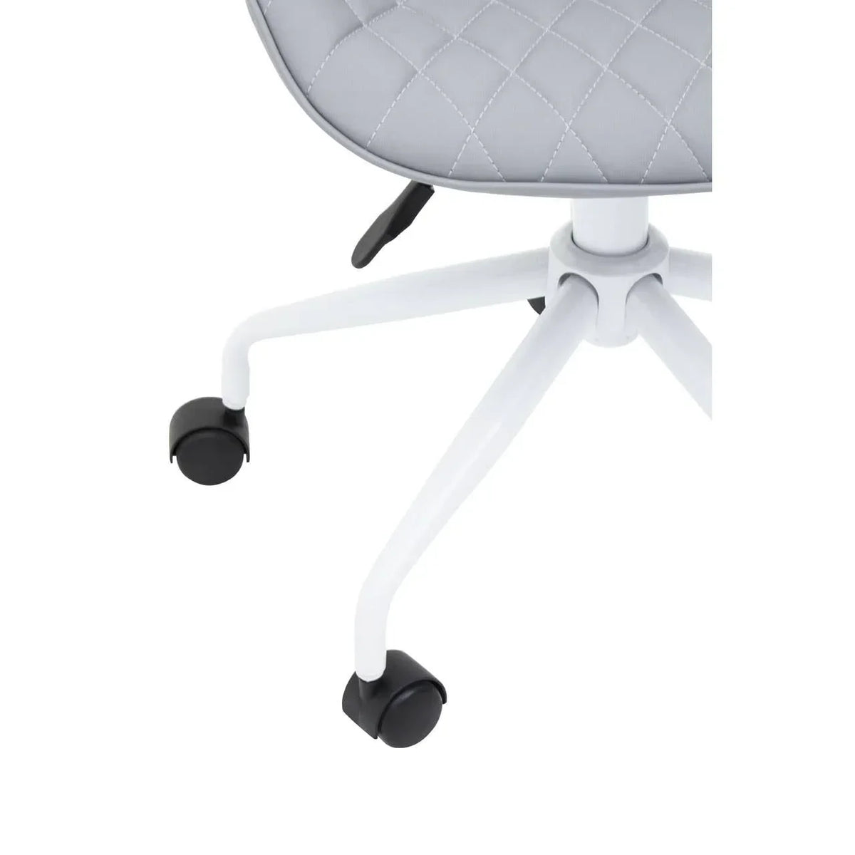 Grey office chair with quilted seat, white metal base and black caster wheels