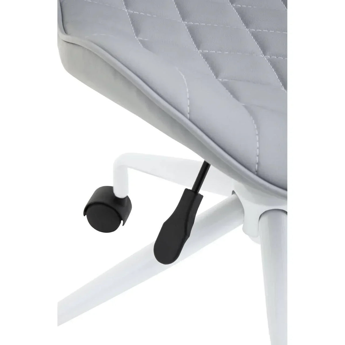 Grey office chair seat with diamond stitching, white metal leg and height adjustment lever