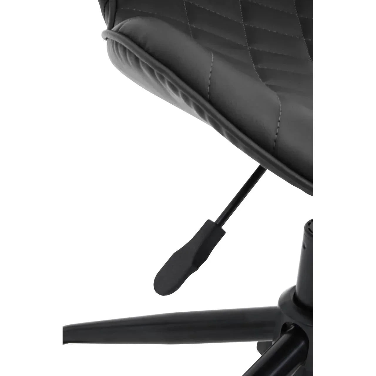 Close view of black office chair seat with diamond stitching and adjustable lever