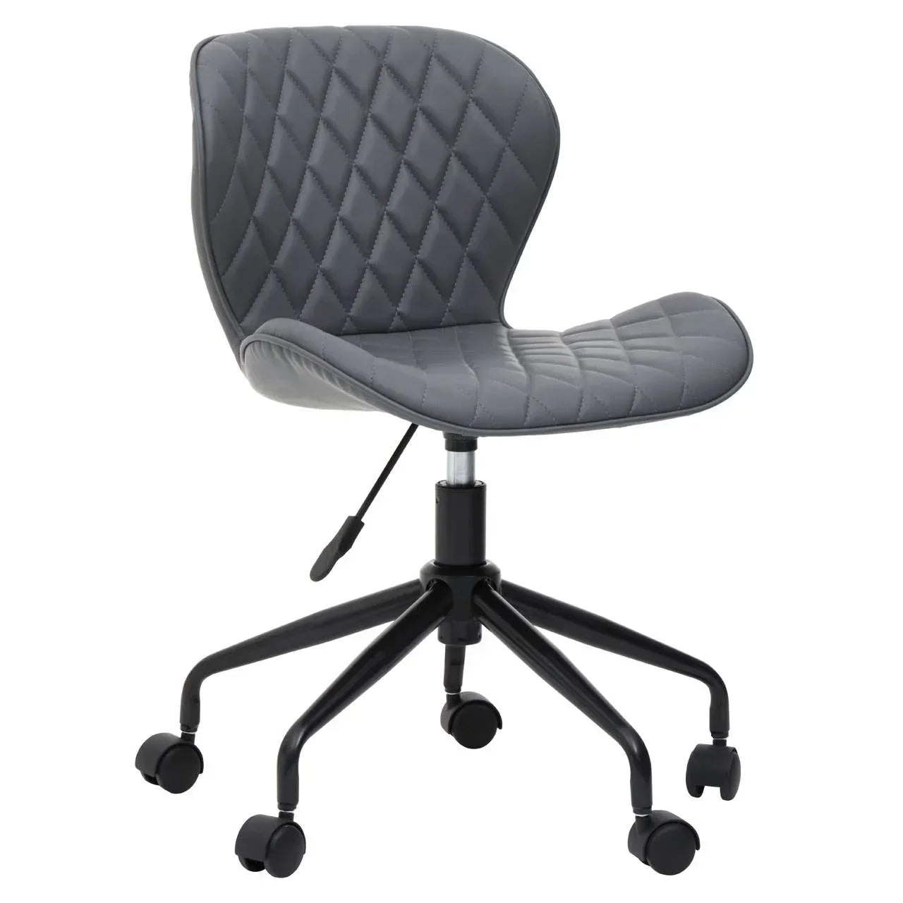Grey quilted office chair with adjustable height and black five-wheel base