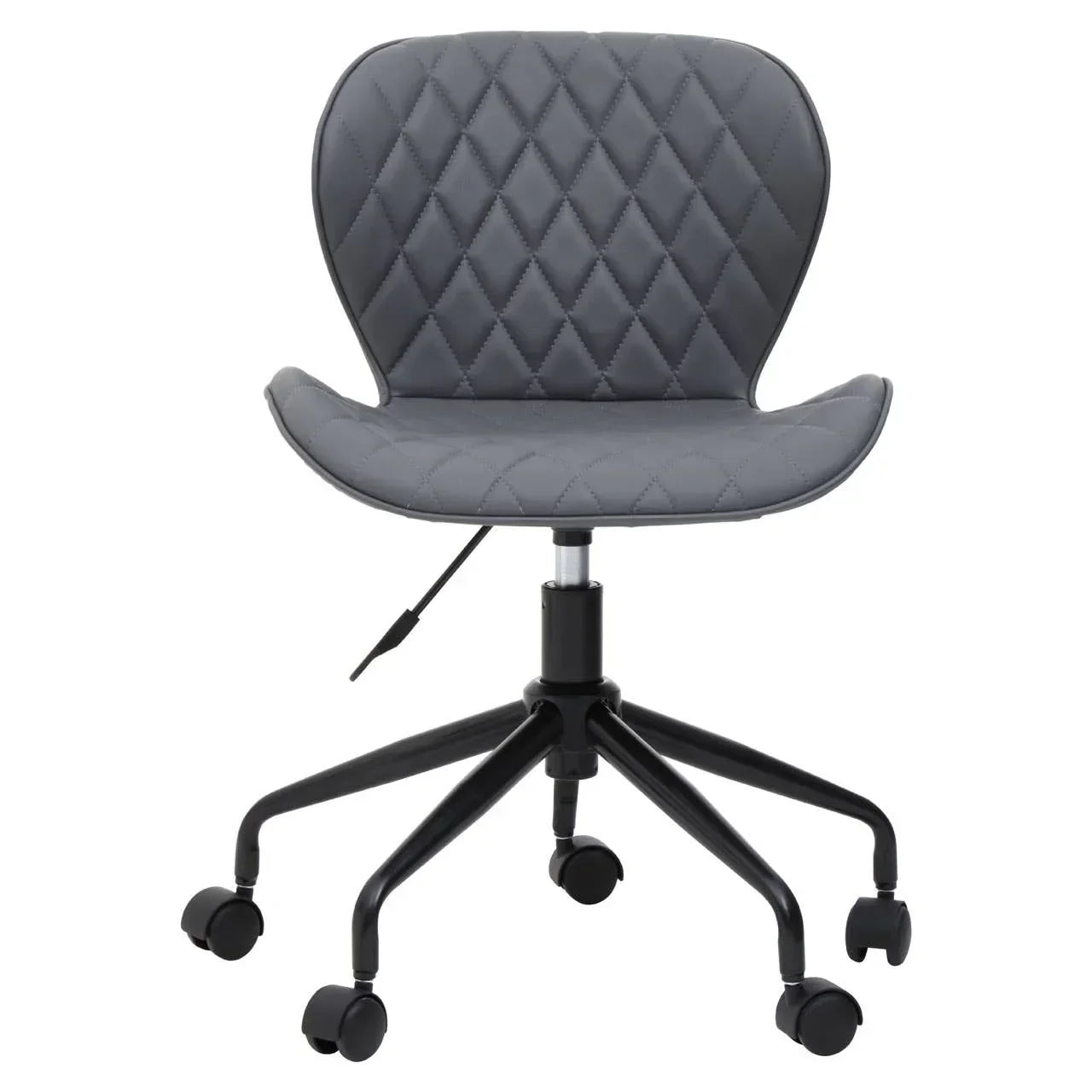 Grey office chair with diamond stitch detail and black wheeled base, front view