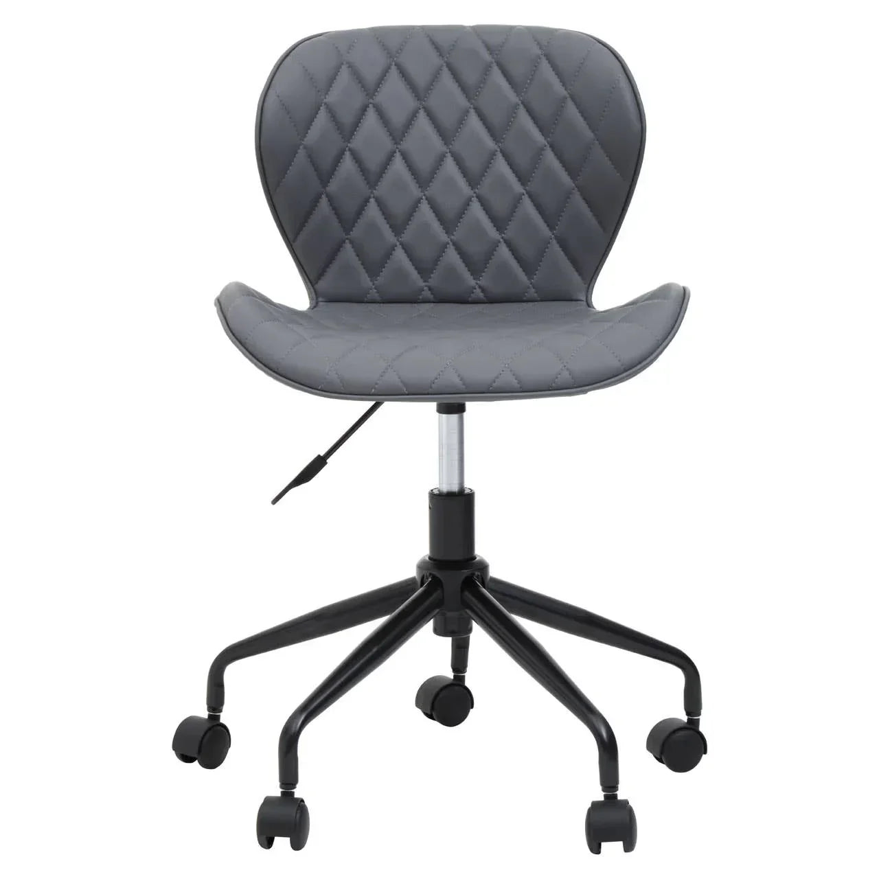 Grey office chair with quilted seat, curved backrest, and black wheeled base