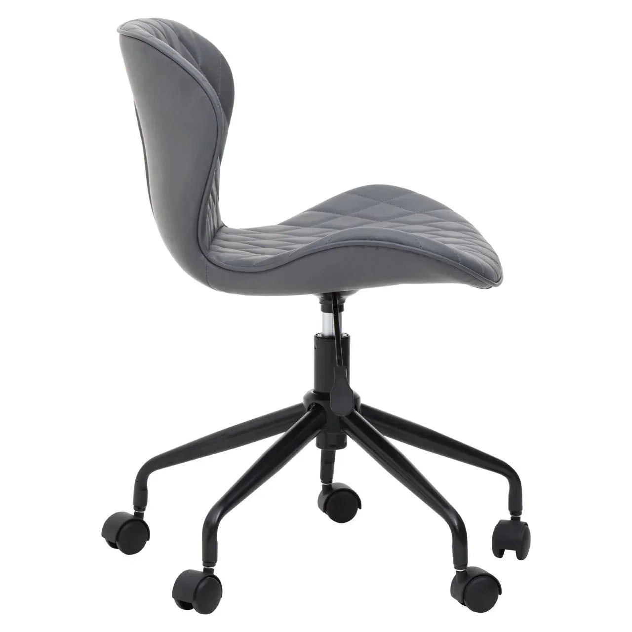 Grey office chair with quilted seat, ergonomic curved back and black wheeled base, side view
