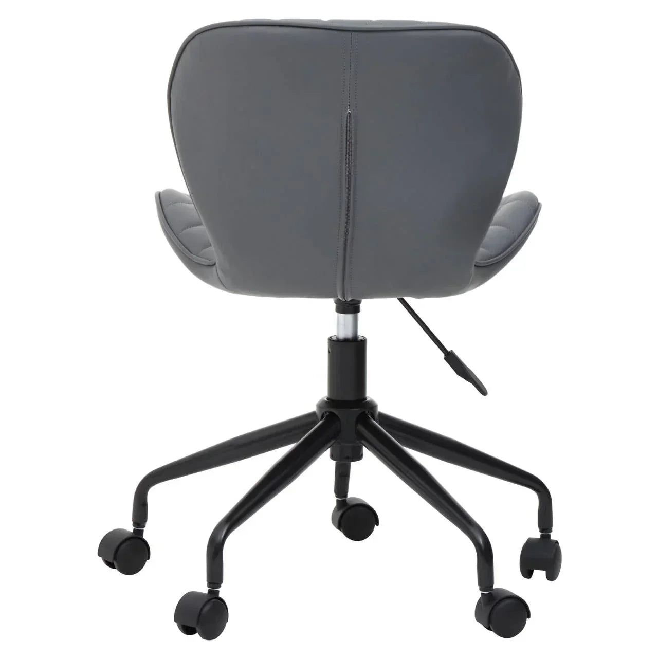 Grey swivel office chair with padded backrest and black wheeled base, rear view