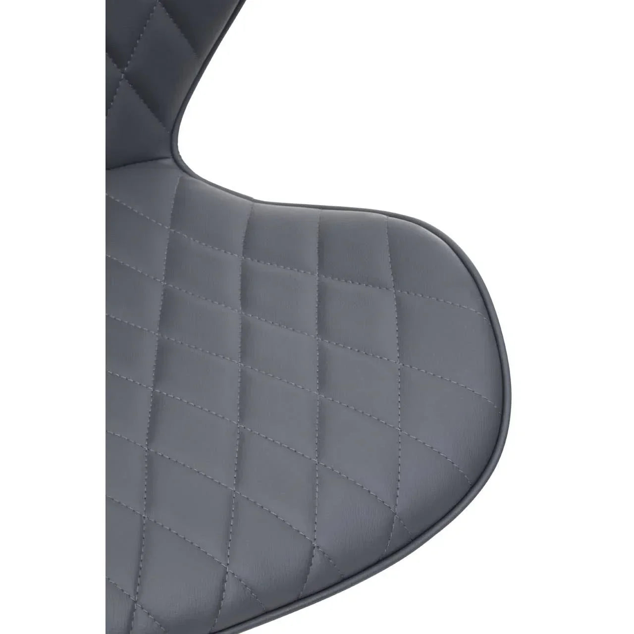 Grey quilted dining chair seat with stitched faux leather upholstery, close-up view